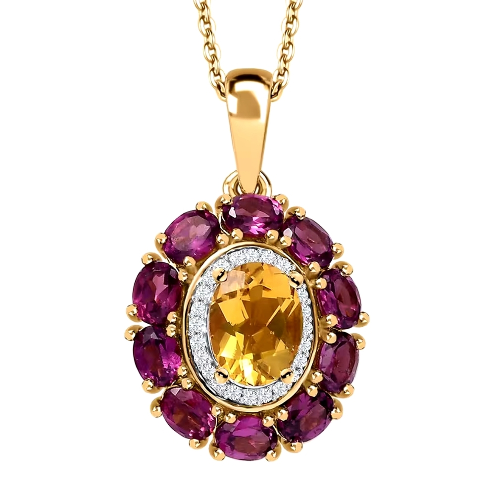 Brazilian Helidor with a Double Halo of White Moissanite and Rhodolite Garnet